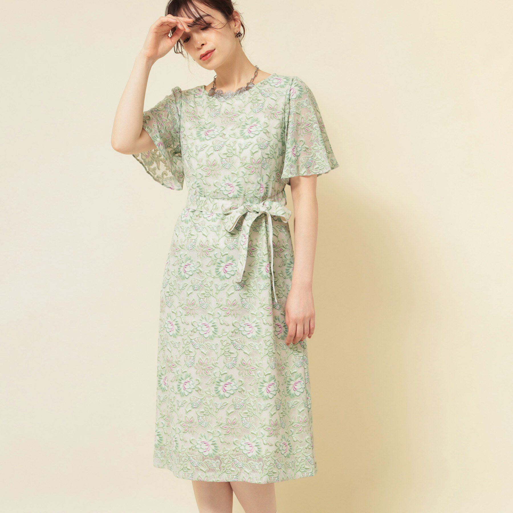 SunaUna「【オパール加工レース／リボン付き】フィット＆フレアワンピース」|ワンピース|グリーン(122)