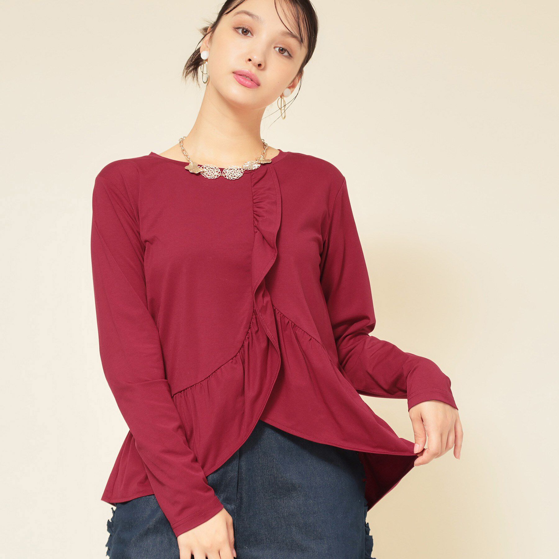 SunaUna「【フリルペプラム】チュニックカットソー」|Tシャツ・カットソー|ボルドー(064)