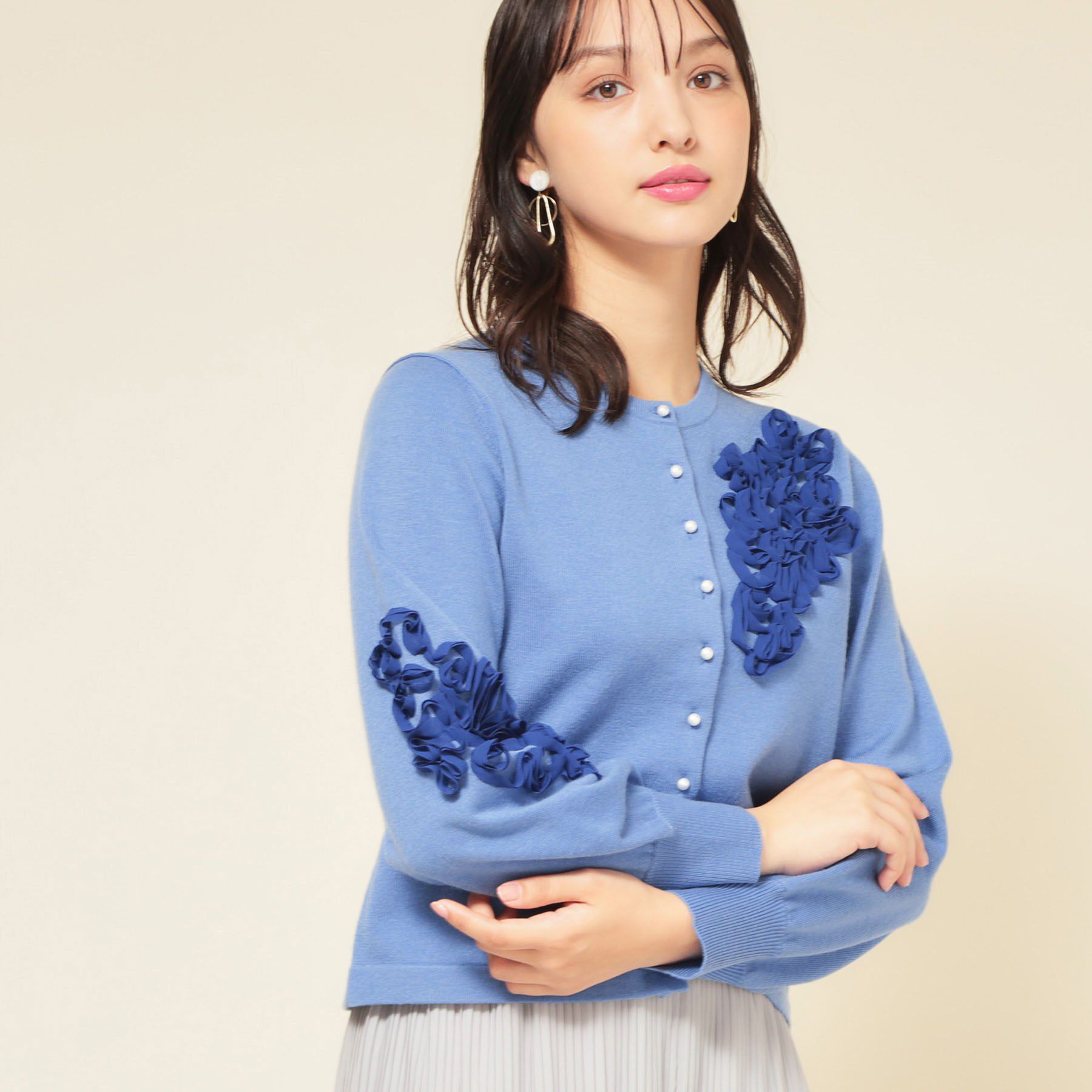 SunaUna「【SS～Lサイズ展開／チュール刺繍】クラフトニット」|カーディガン|ブルー(092)