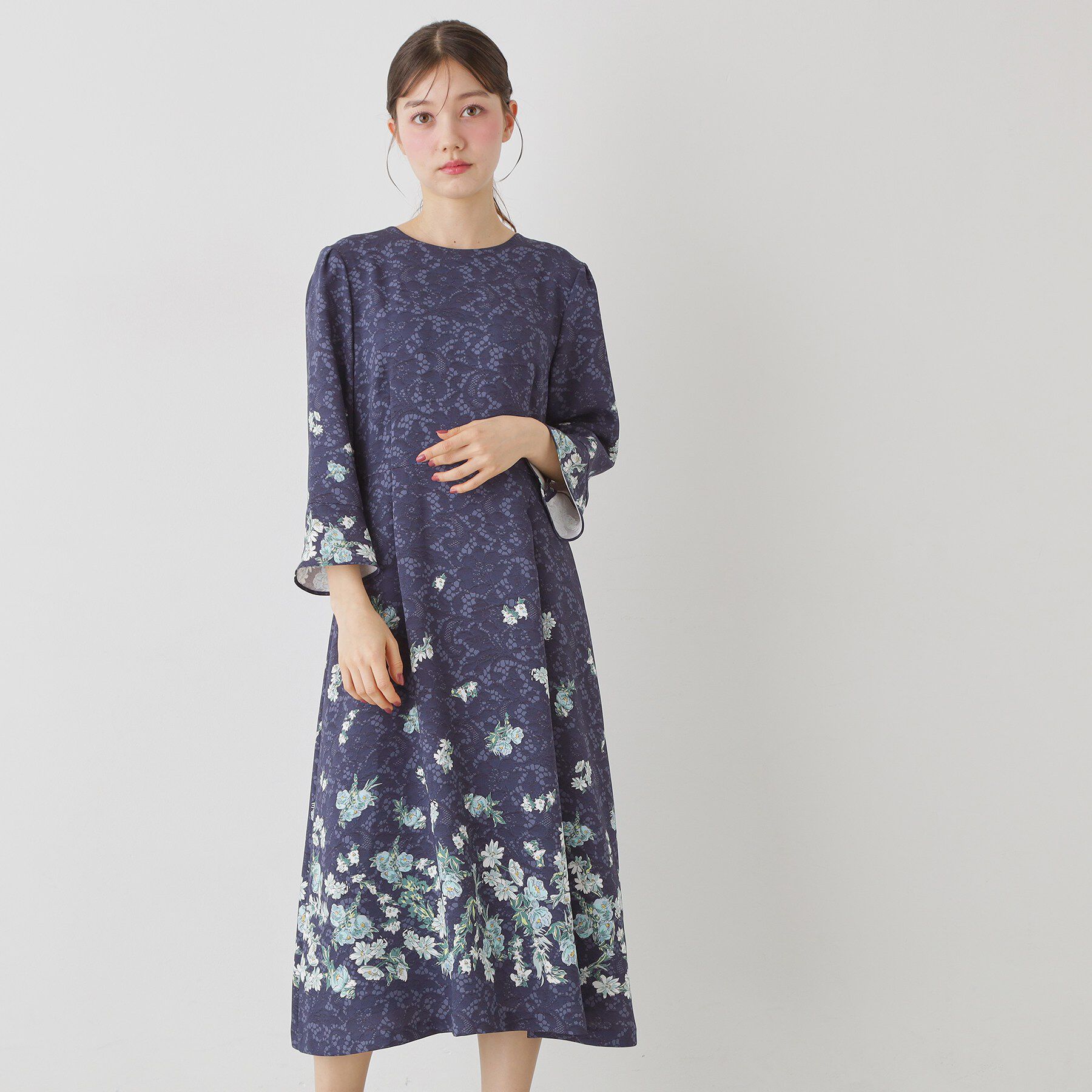 SunaUna「【co creation and yours／SS～L】レースプリントワンピース」|ワンピース|ネイビー(294)