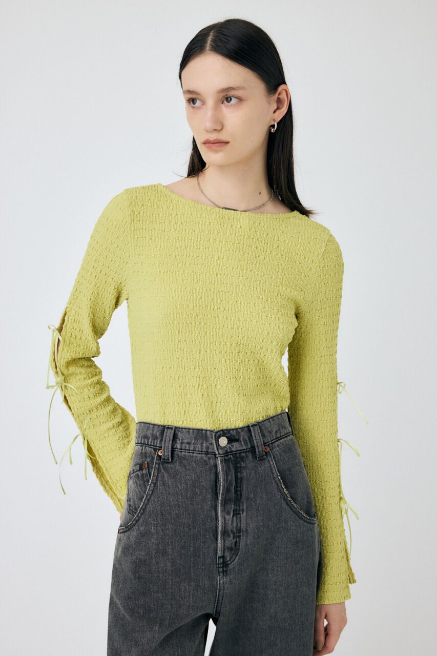 MOUSSY「SLEEVE RIBBON トップス」|Tシャツ・カットソー|L/YEL1