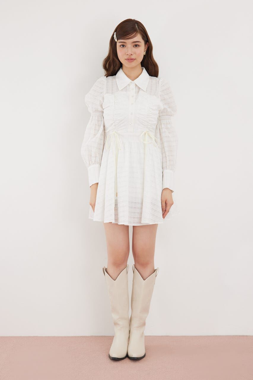 rienda「フロントシャーリングリボンミニシャツフレアワンピース」|ワンピース|