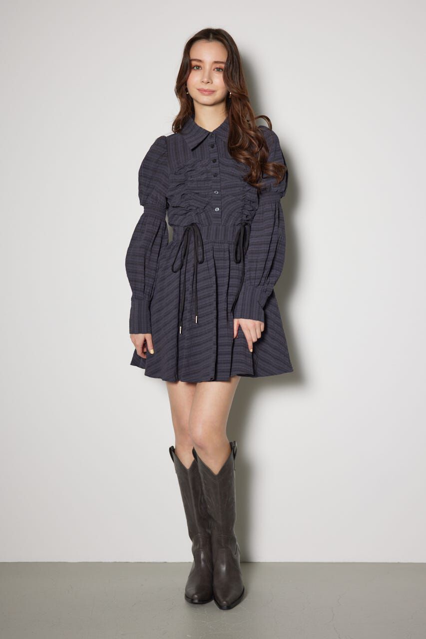 rienda「フロントシャーリングリボンミニシャツフレアワンピース」|ワンピース|