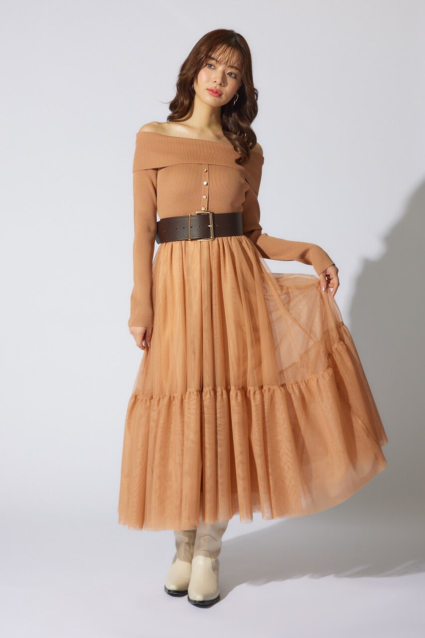 rienda「オフショルダーチュールドッキングワンピース」|ワンピース|