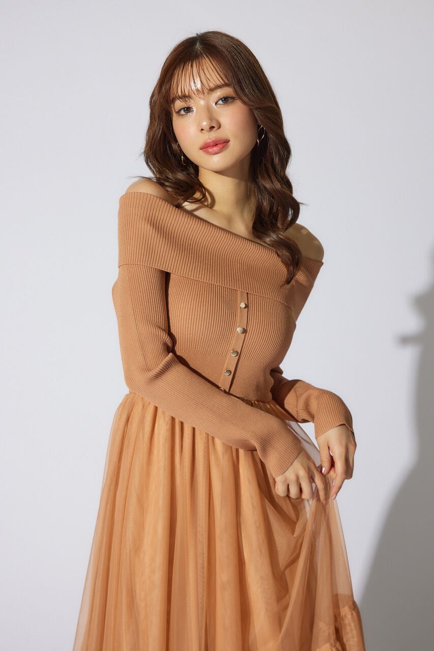 rienda「オフショルダーチュールドッキングワンピース」|ワンピース|