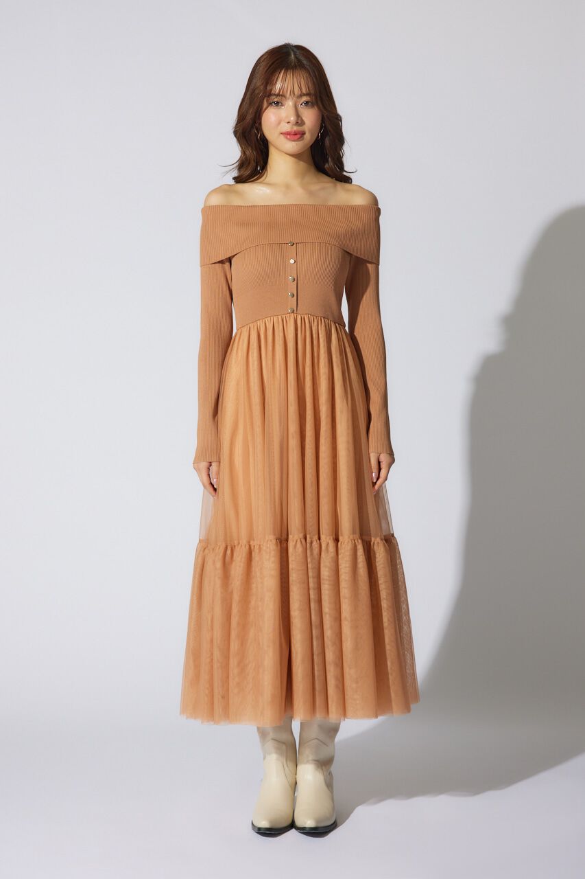 rienda「オフショルダーチュールドッキングワンピース」|ワンピース|