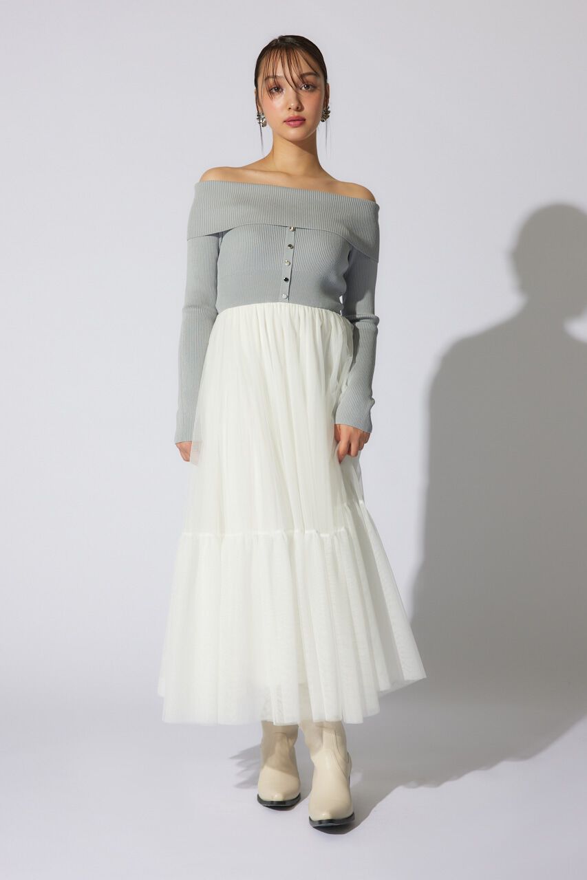 rienda「オフショルダーチュールドッキングワンピース」|ワンピース|L/GRY1