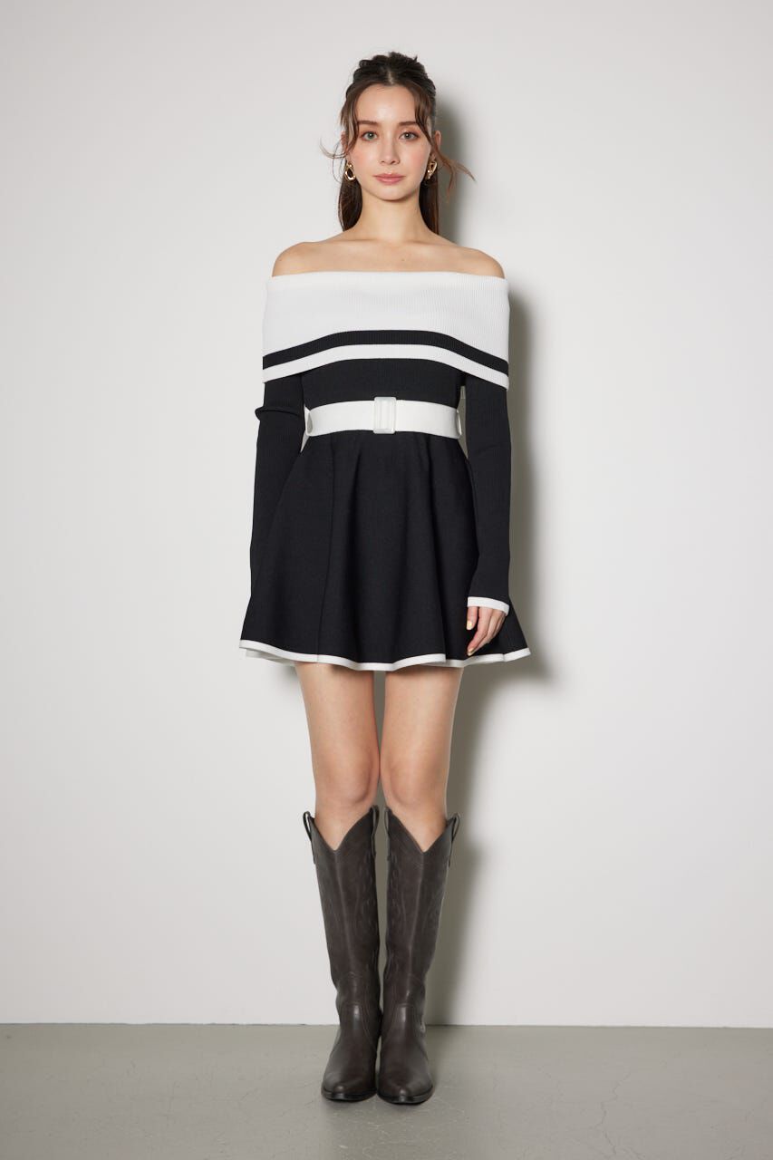 rienda「バイカラーオフショルフレアミニニットワンピース」|ワンピース|