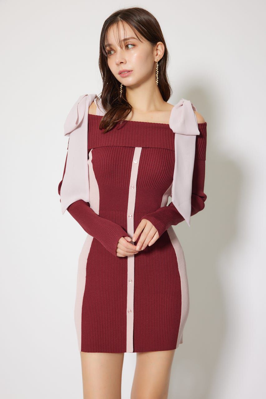 rienda「バイカラーオフショルリボンニットミニワンピース」|ワンピース|RED