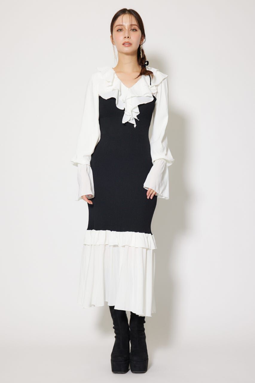 rienda「ダブルフリルコンビニットワンピース」|ワンピース|BLK