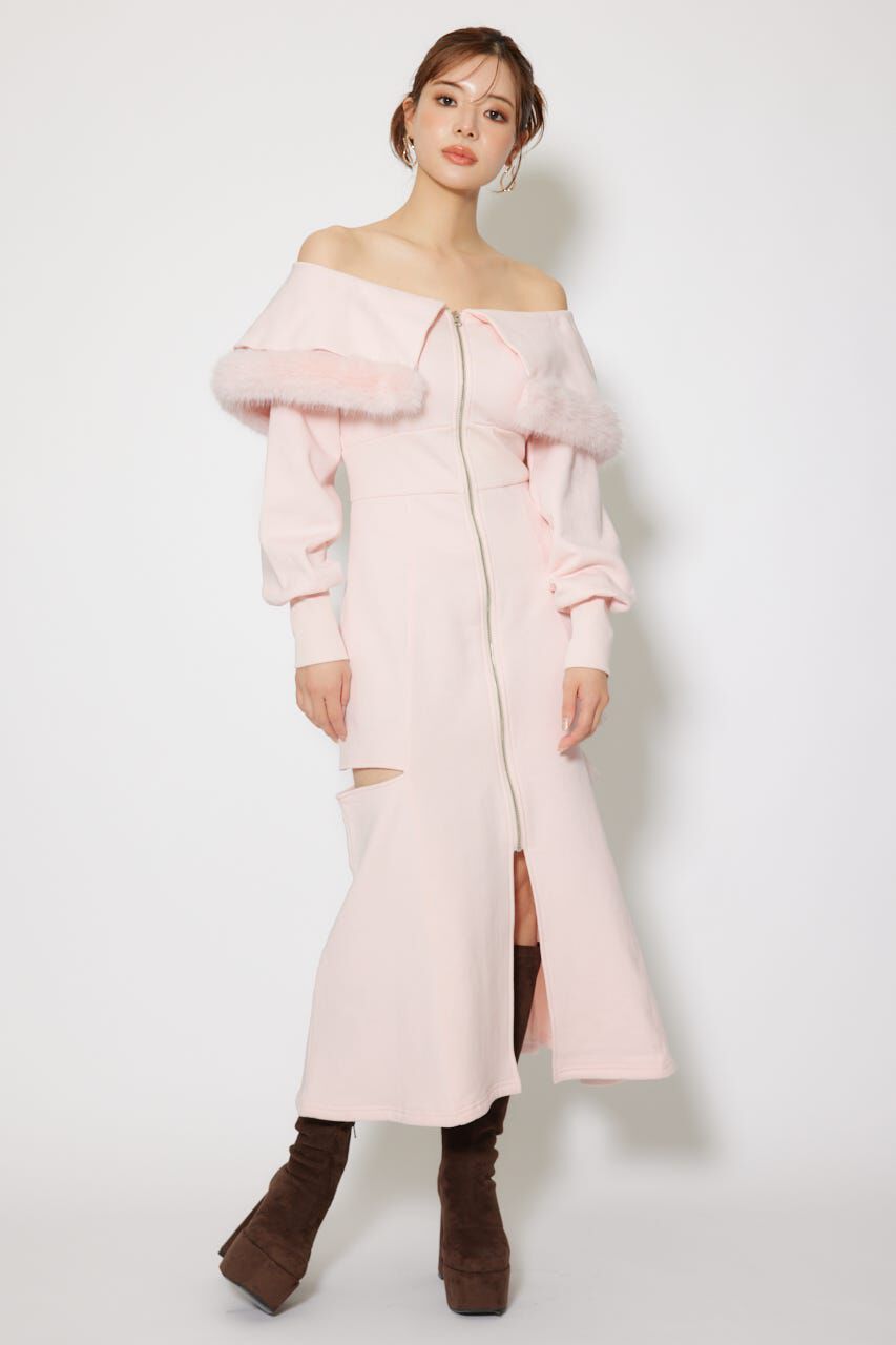 rienda「フェイクファー付きカッティング裏起毛ワンピース」|ワンピース|