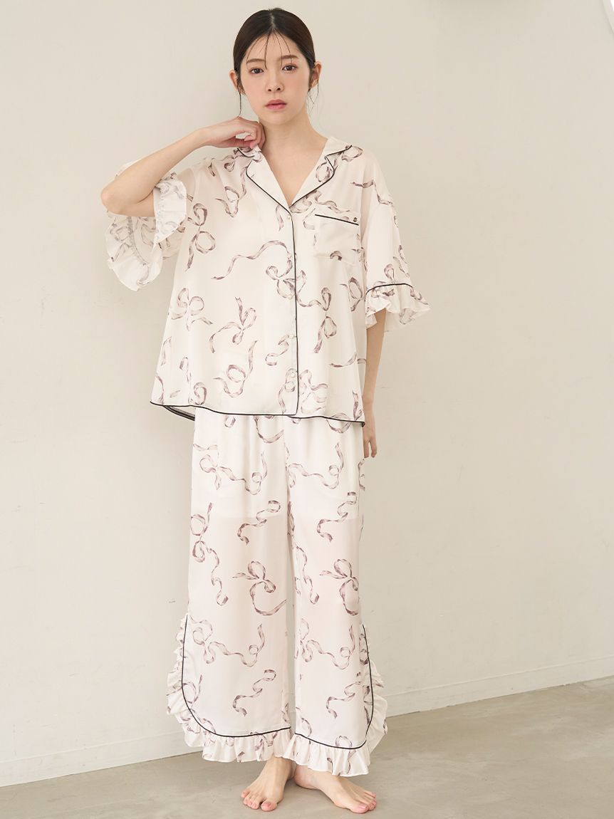 SNIDEL HOME「【Luxshine】【接触冷感】フリルリボン開襟シャツ」|ルームウェア|