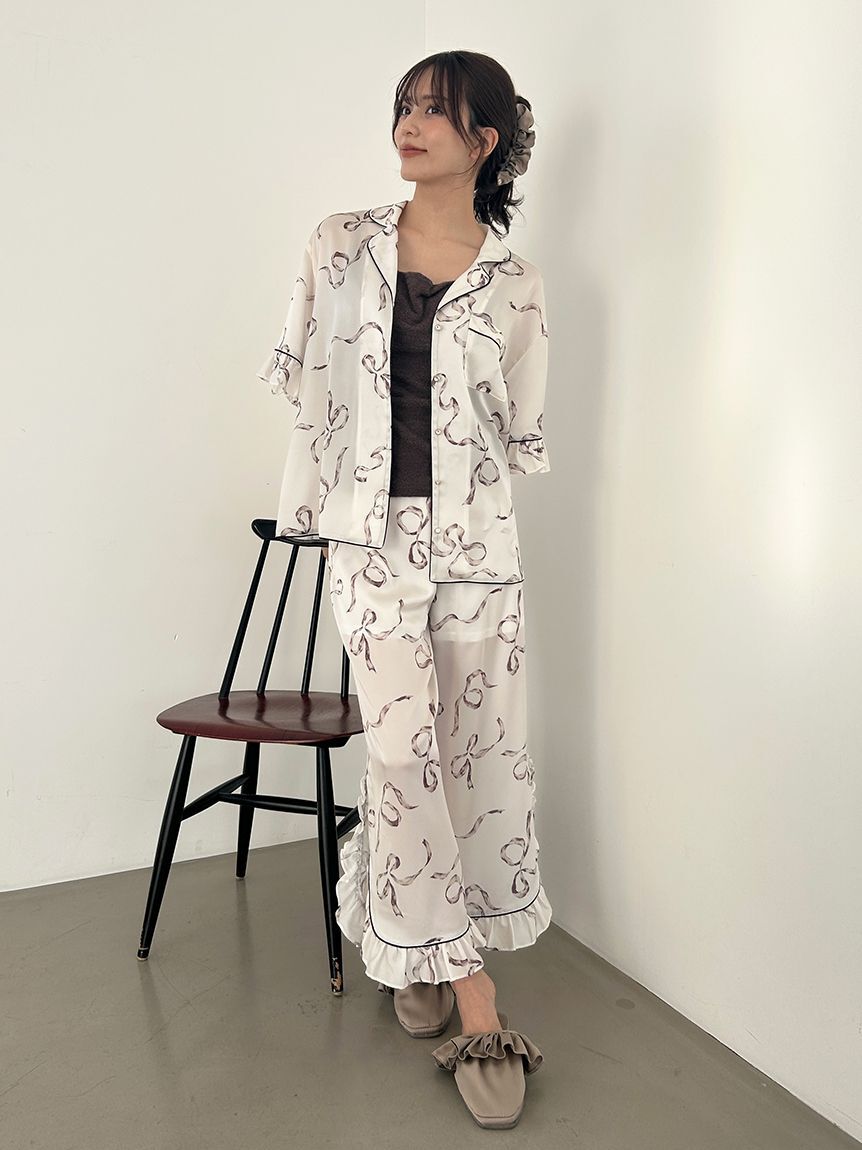 SNIDEL HOME「【Luxshine】【接触冷感】フリルリボン開襟シャツ」|ルームウェア|