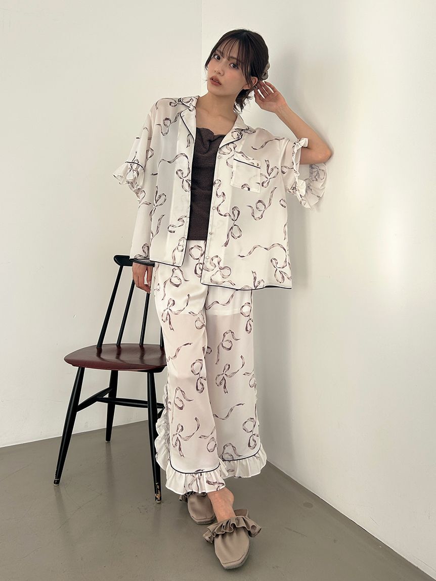 SNIDEL HOME「【Luxshine】【接触冷感】フリルリボン開襟シャツ」|ルームウェア|