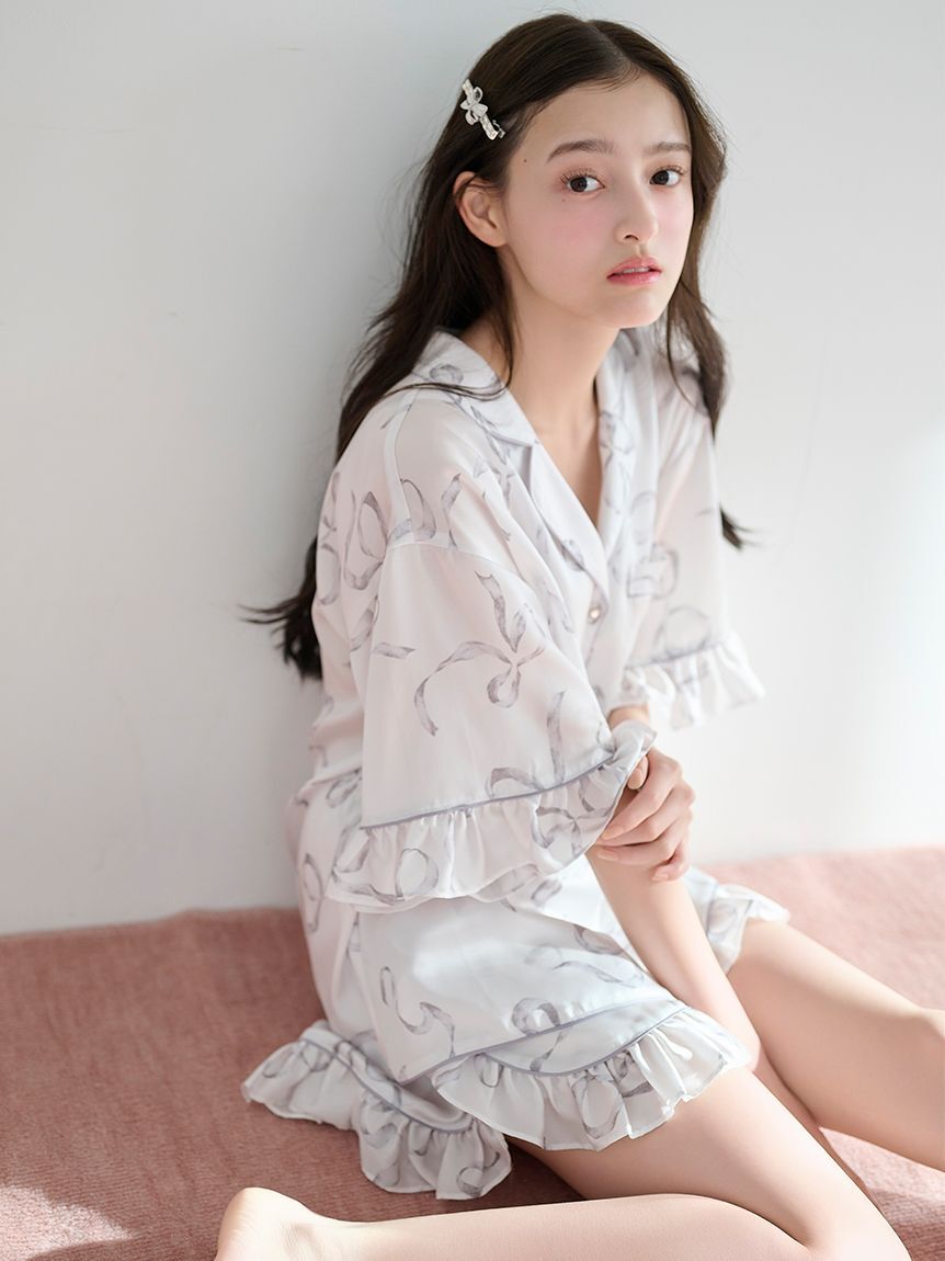 SNIDEL HOME「【Luxshine】【接触冷感】フリルリボン開襟シャツ」|ルームウェア|