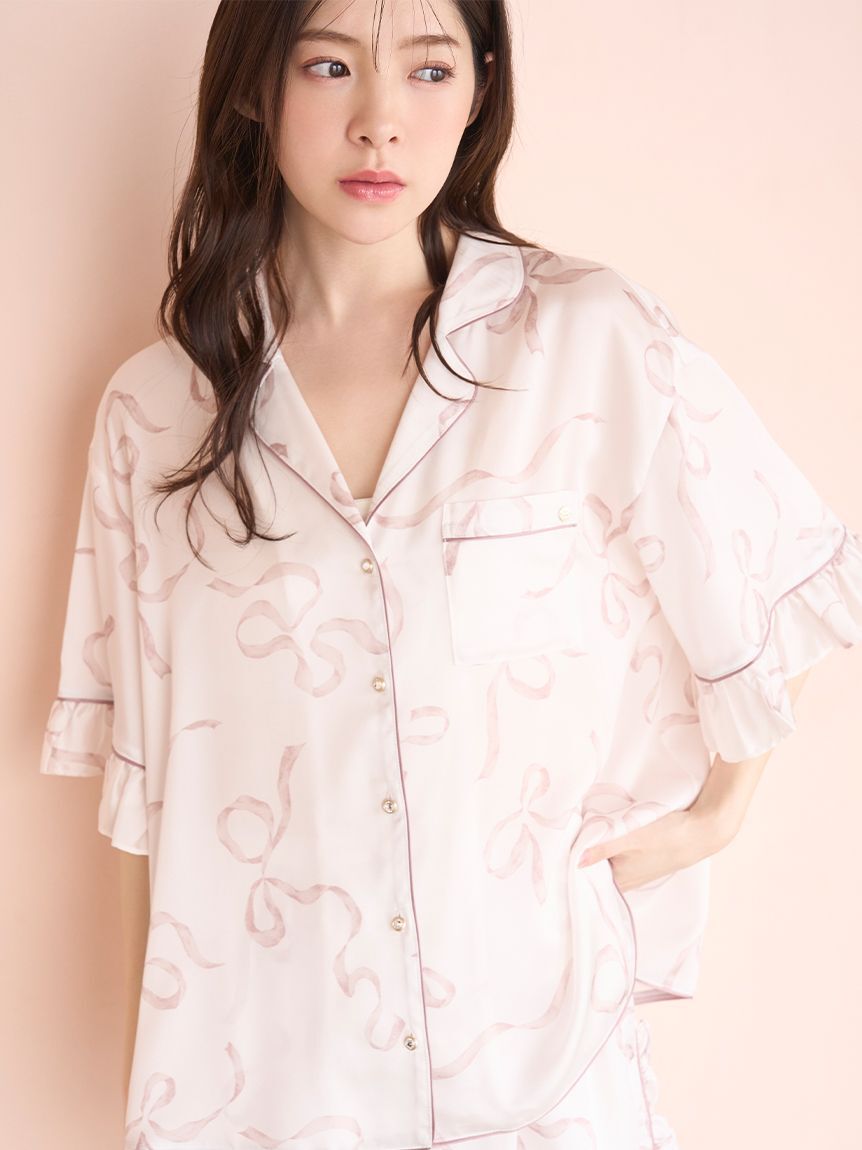 SNIDEL HOME「【Luxshine】【接触冷感】フリルリボン開襟シャツ」|ルームウェア|