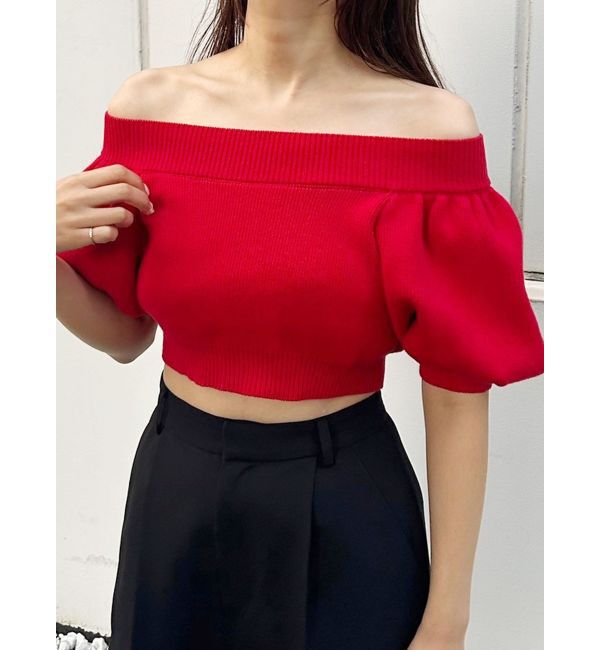 MERCURYDUO「クロップドオフショルダーニット」|ニット・セーター|レッド