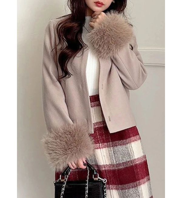 MERCURYDUO「フェイクファー付きノーカラーショートコート」|その他|