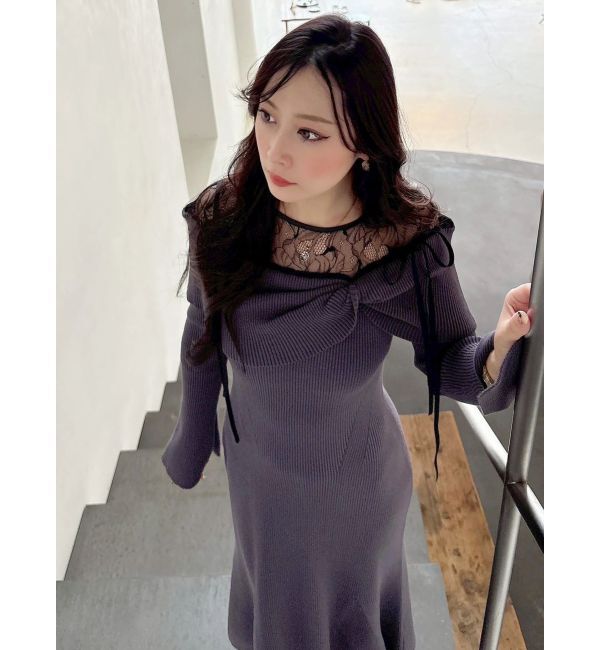 MERCURYDUO「レース切替オフショルニットワンピース」|ワンピース|