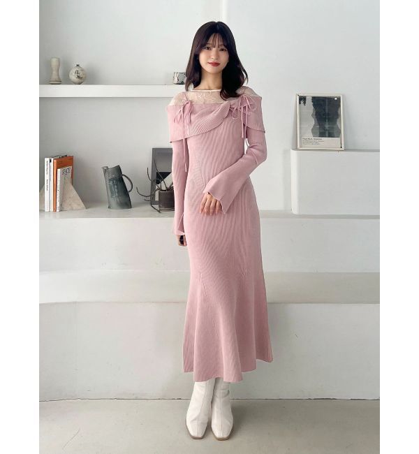 MERCURYDUO「レース切替オフショルニットワンピース」|ワンピース|