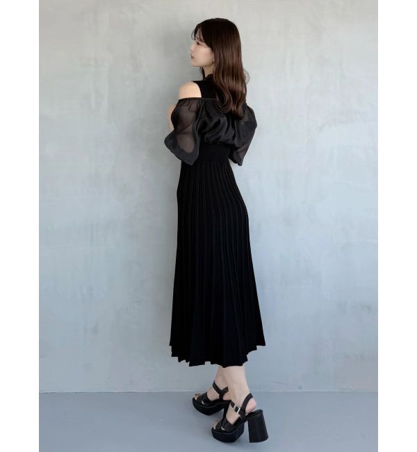 MERCURYDUO「異素材ドッキングプリーツフレアニットワンピース」|ワンピース|