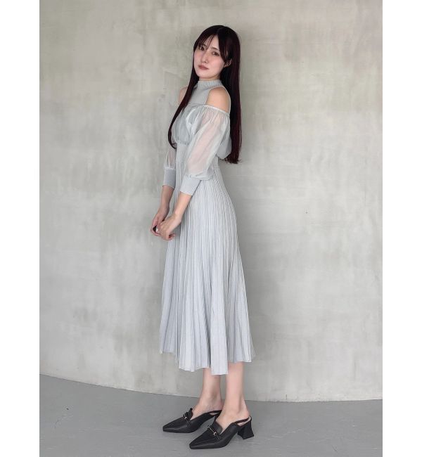 MERCURYDUO「異素材ドッキングプリーツフレアニットワンピース」|ワンピース|