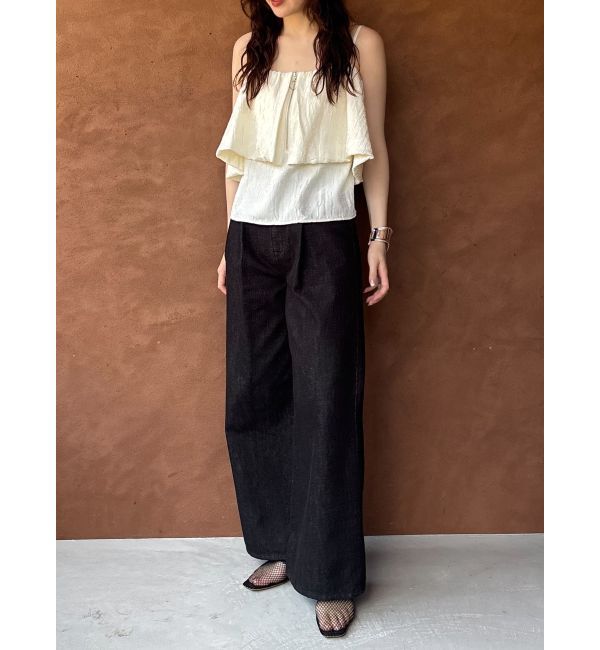 LAGUNAMOON「タックデニムワイドパンツ」|デニム|ブラック