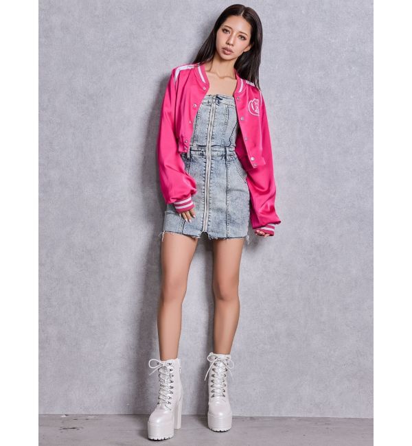 GYDA「Symmetry GYDAフロントZIPスカートライクデニムタイトミニワンピース」|ワンピース|