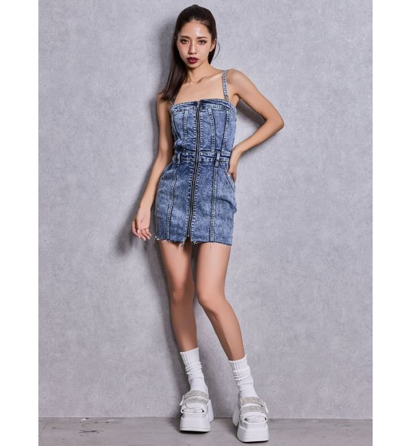 GYDA「Symmetry GYDAフロントZIPスカートライクデニムタイトミニワンピース」|ワンピース|