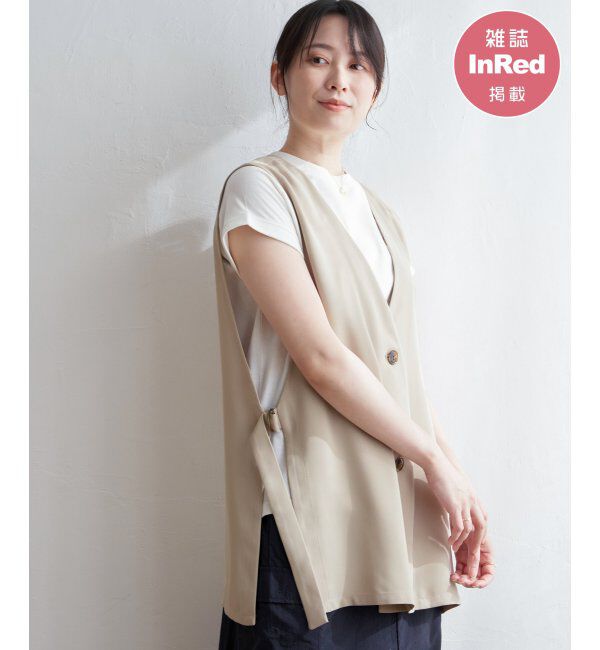 ikka「ノーカラーサイドスリットジレ」|ダウンベスト・ベスト|ベージュ