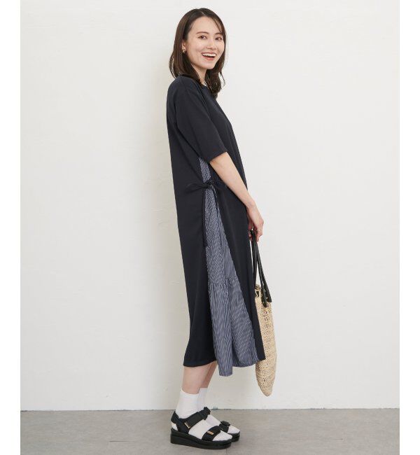ikka「異素材切り替えサイドリボンワンピース」|ワンピース|