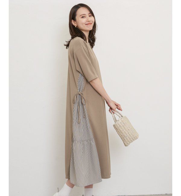 ikka「異素材切り替えサイドリボンワンピース」|ワンピース|ベージュ