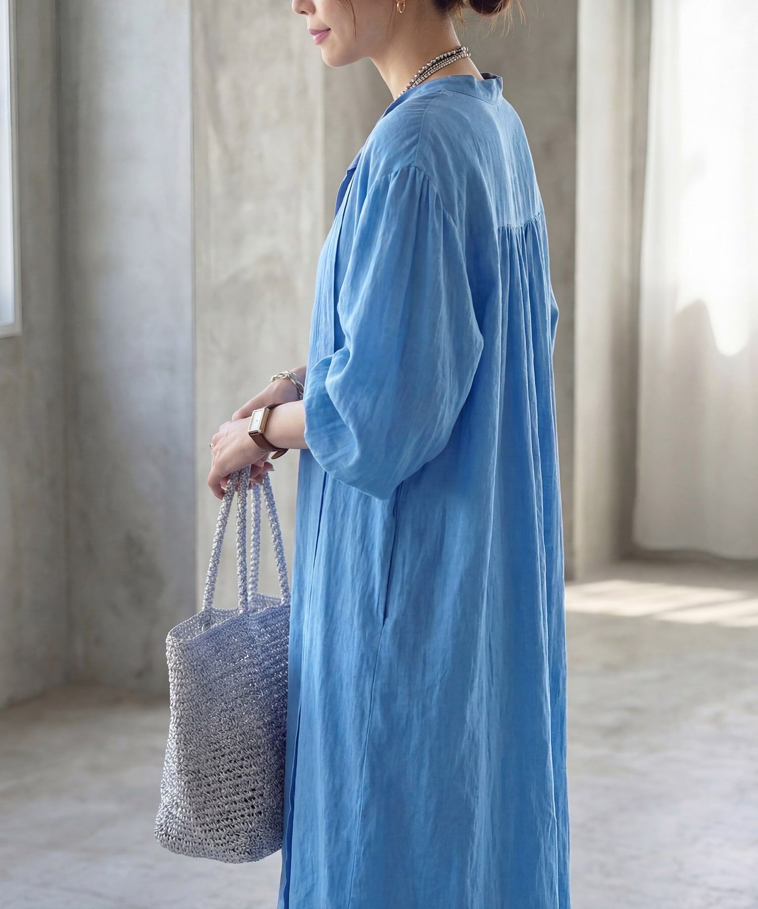 STYLE DELI「綿麻混紡ロングボウタイギャザーワンピース」|ワンピース|