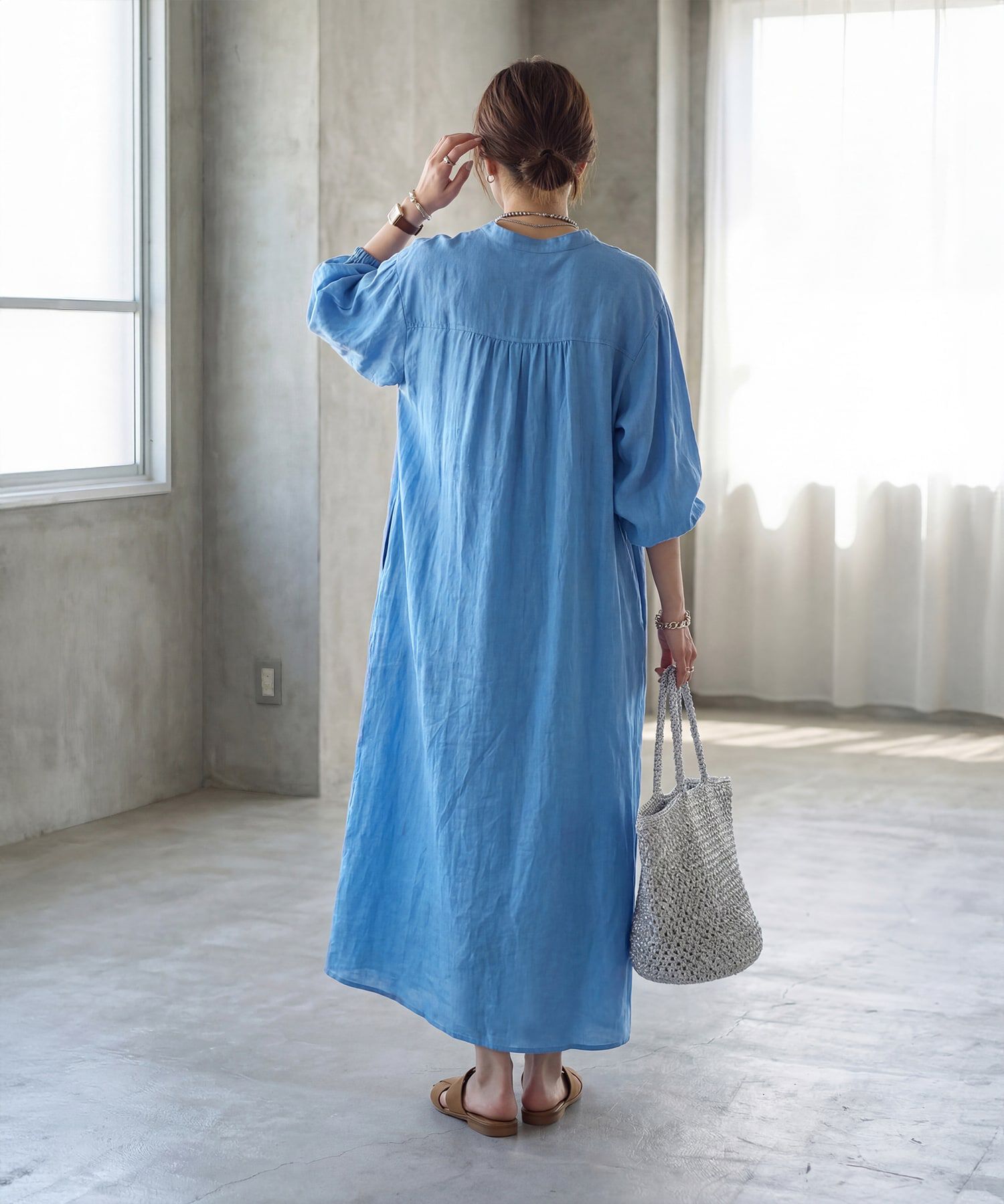 STYLE DELI「綿麻混紡ロングボウタイギャザーワンピース」|ワンピース|
