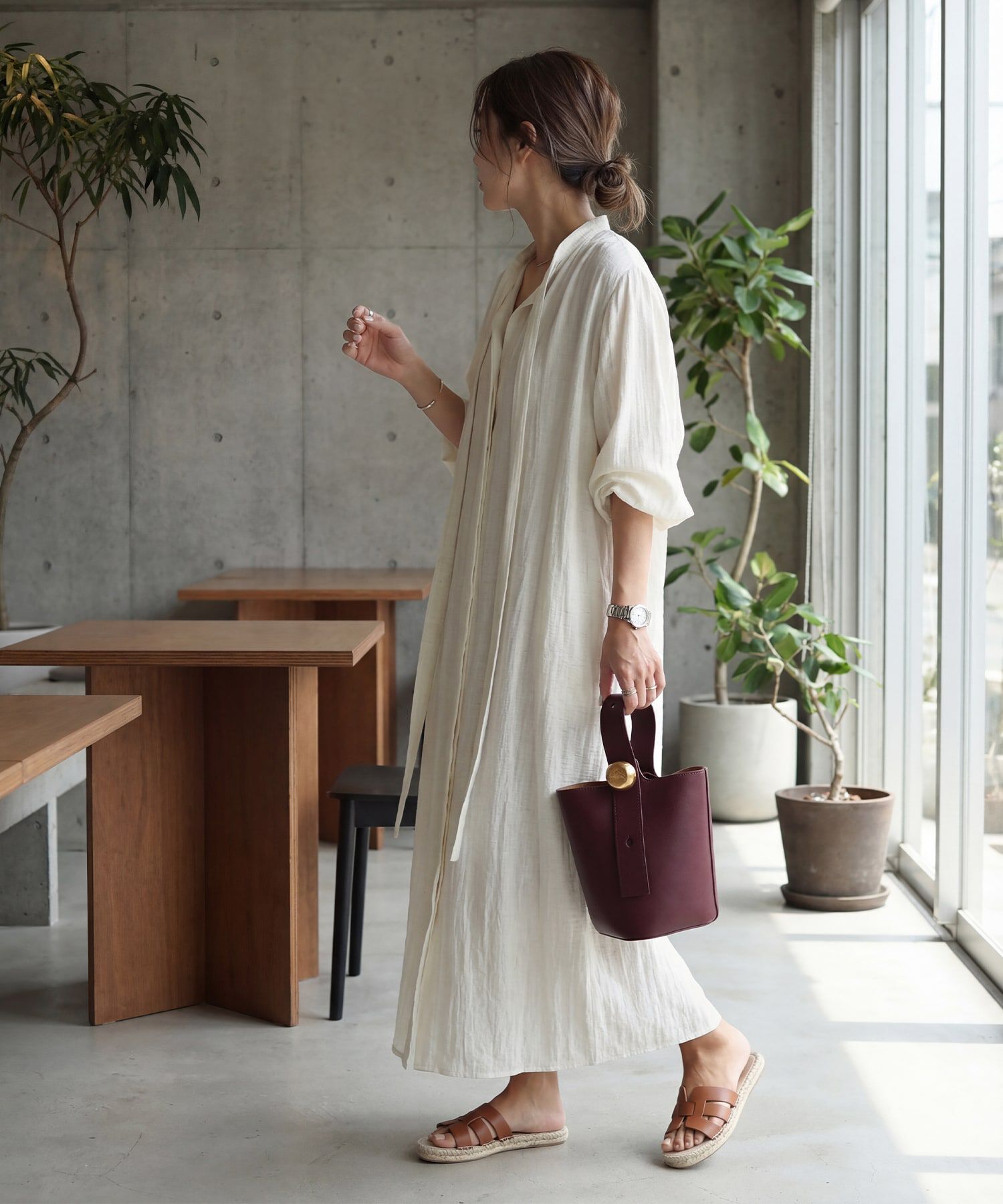 STYLE DELI「綿麻混紡ロングボウタイギャザーワンピース」|ワンピース|