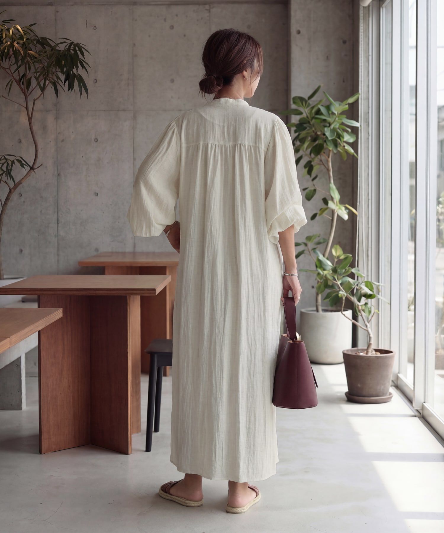 STYLE DELI「綿麻混紡ロングボウタイギャザーワンピース」|ワンピース|