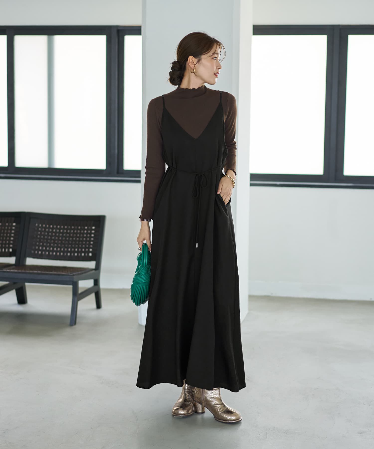 STYLE DELI「ジョーゼット生地キャミ型フレアジャンパースカート」|ワンピース|ブラック