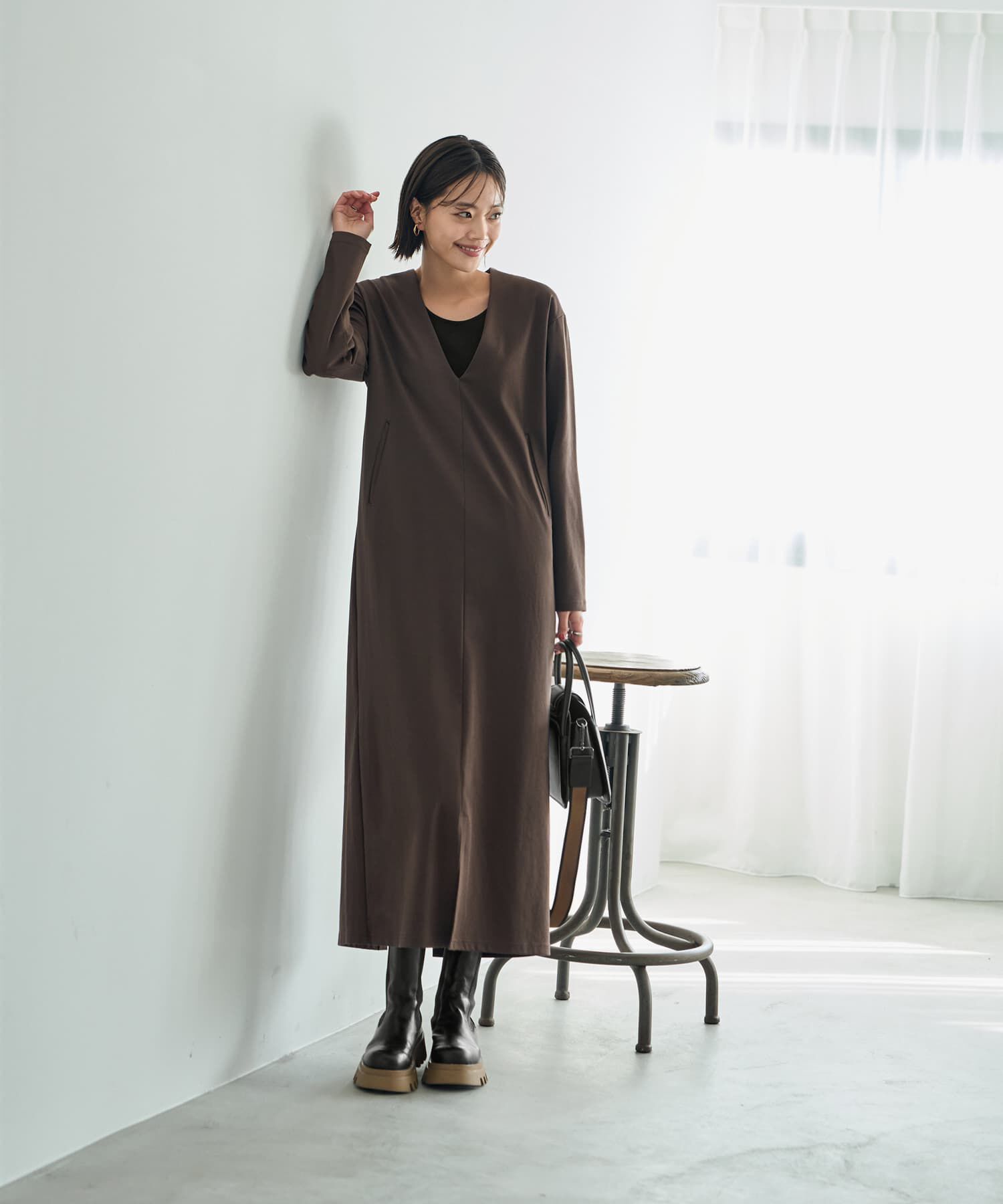 STYLE DELI「【Made in JAPAN】シルキーポンチ深Vワンピース」|ワンピース|