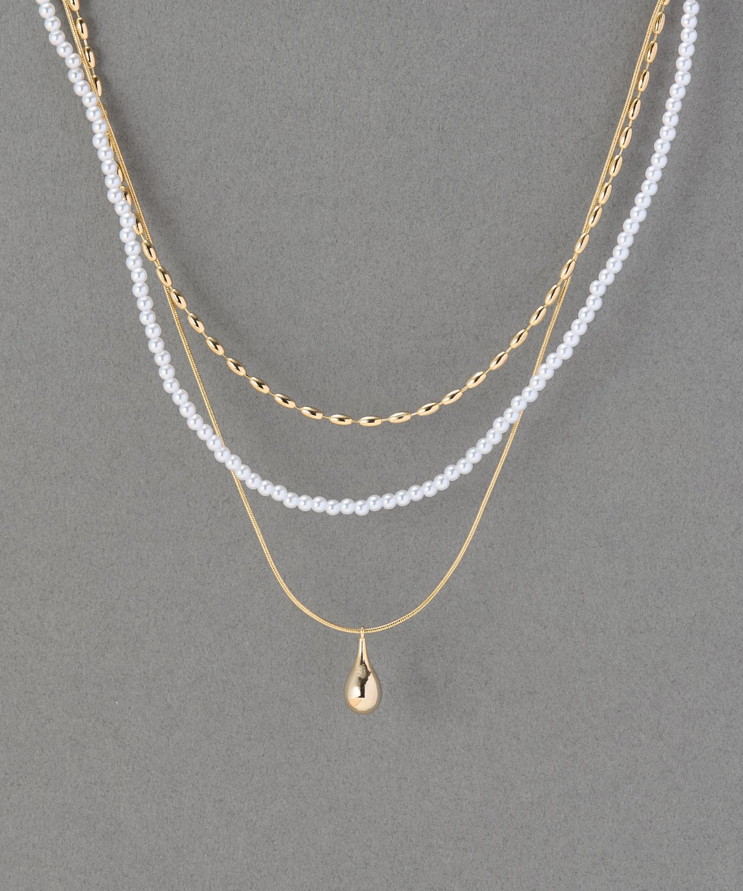 Phoebe「パール&times;ドロップメタル3連ネックレス　ゴールド」|ネックレス|ゴールド