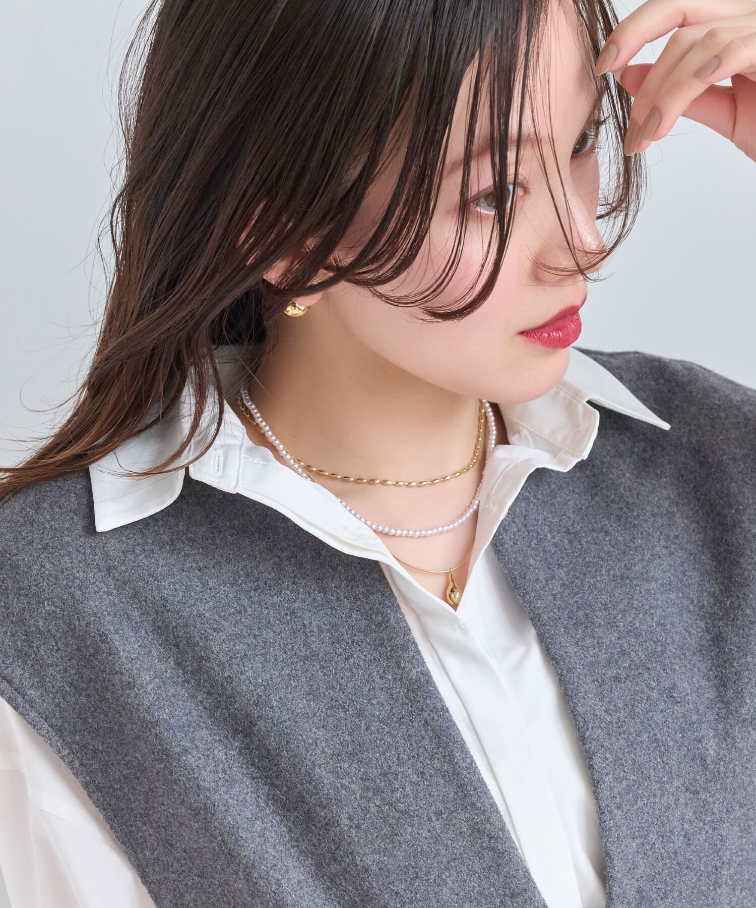 Phoebe「パール&times;ドロップメタル3連ネックレス　ゴールド」|ネックレス|