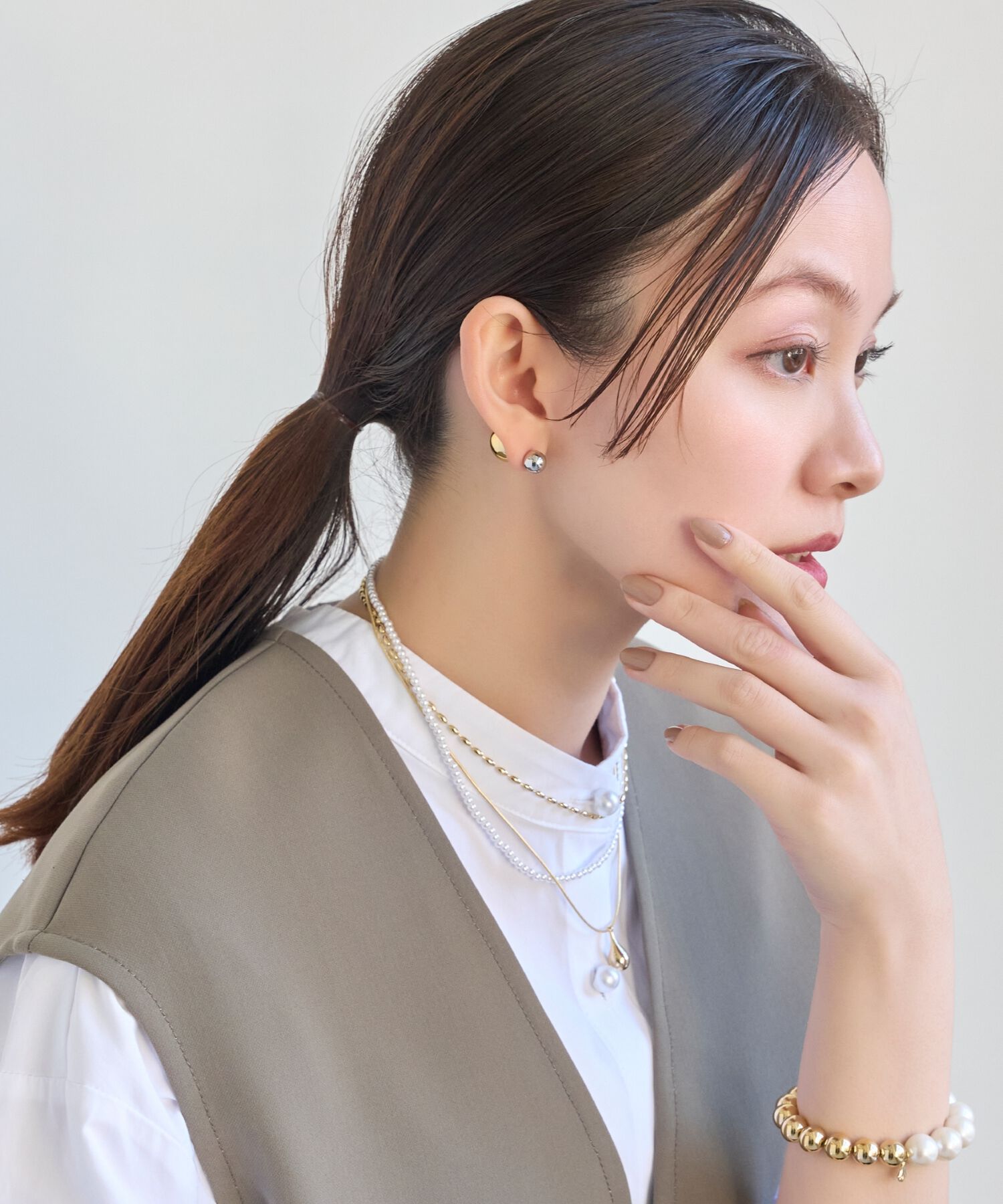 Phoebe「パール&times;ドロップメタル3連ネックレス　ゴールド」|ネックレス|