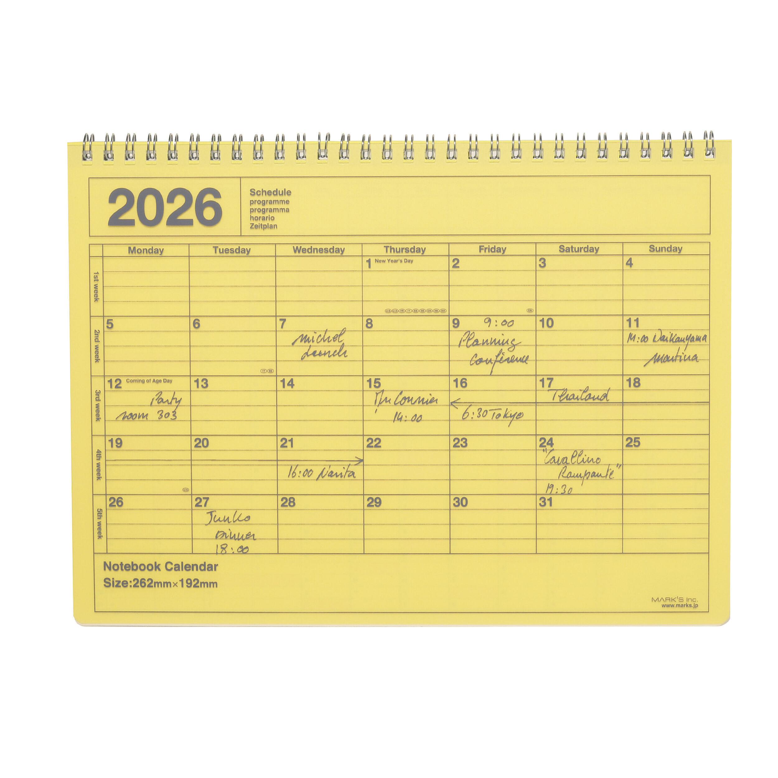  「2026 スケジュール帳 2026年1月始まり 月間ブロック B5変型 ノートブックカレンダー・M」|ステーショナリー|イエロー