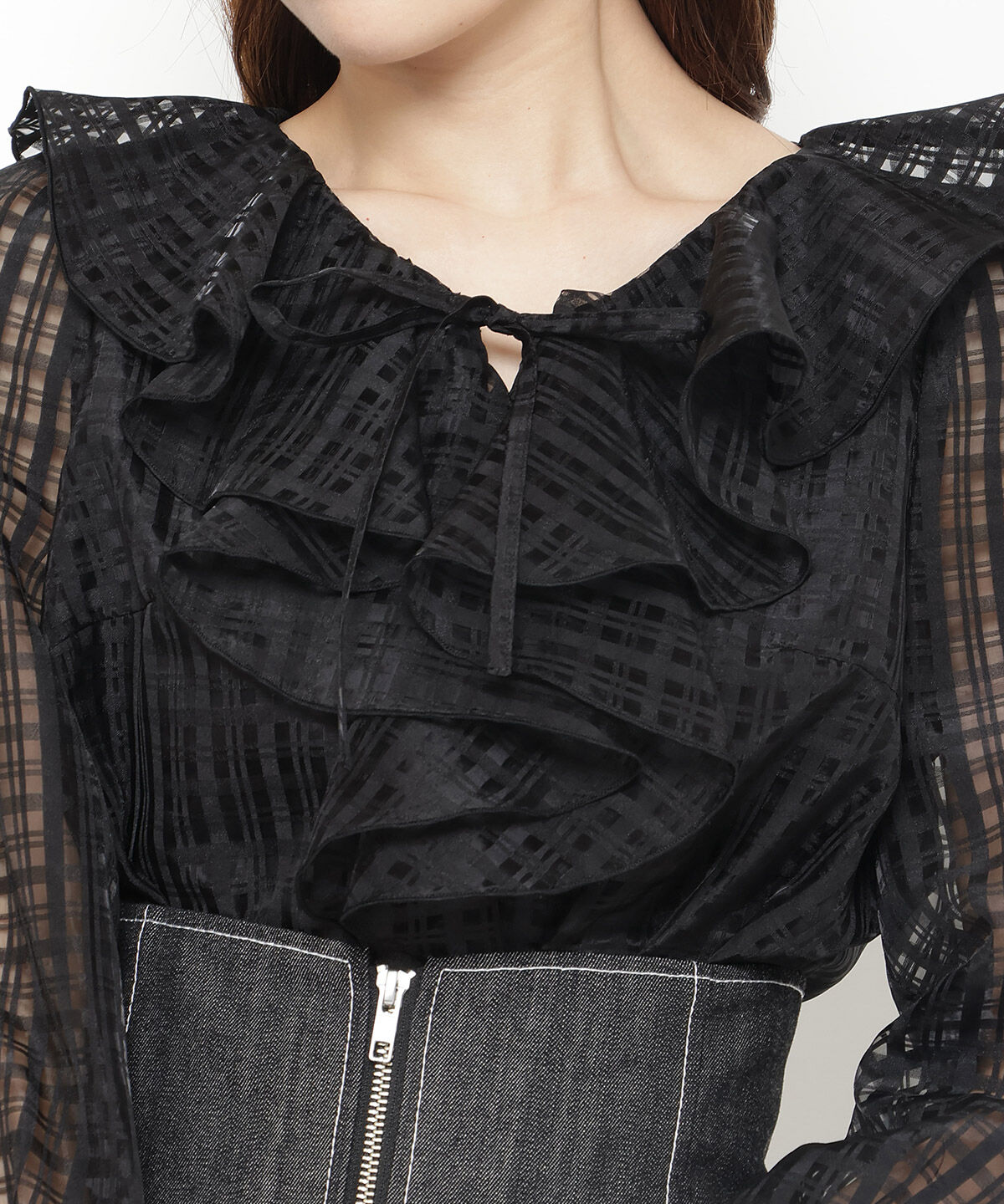 アンドクチュール「シアーチェックフリルブラウス」|シャツ・ブラウス|