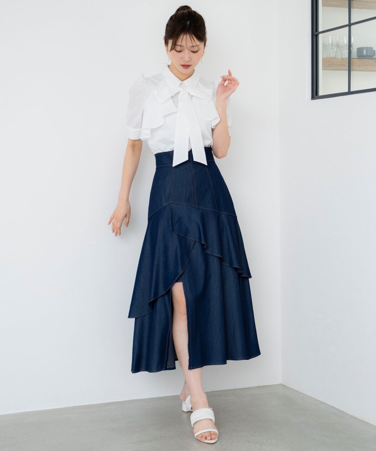 アンドクチュール「デニムライクレイヤードフリルスカート」|フレア|