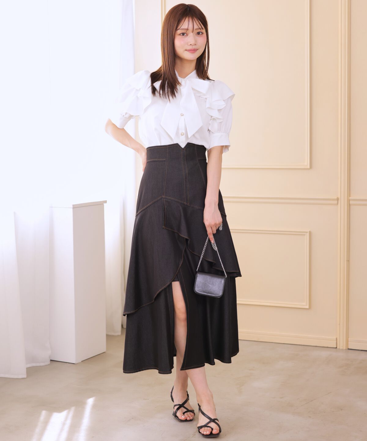 アンドクチュール「デニムライクレイヤードフリルスカート」|フレア|ブラック