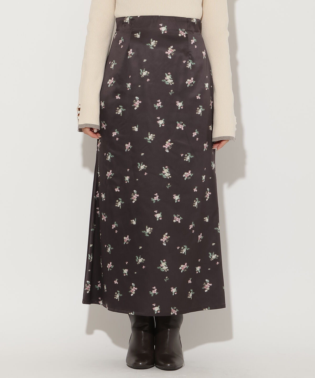 アンドクチュール「ブラーフラワープリントナロースカート」|タイト|