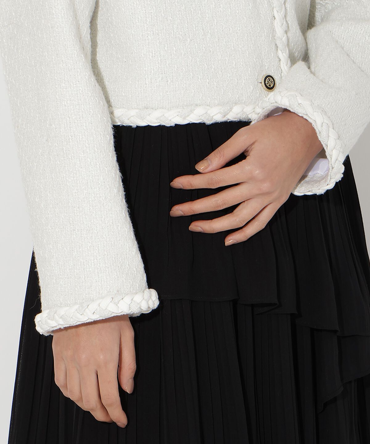 アンドクチュール「デニムコンビツイードジャケット」|ノーカラージャケット|