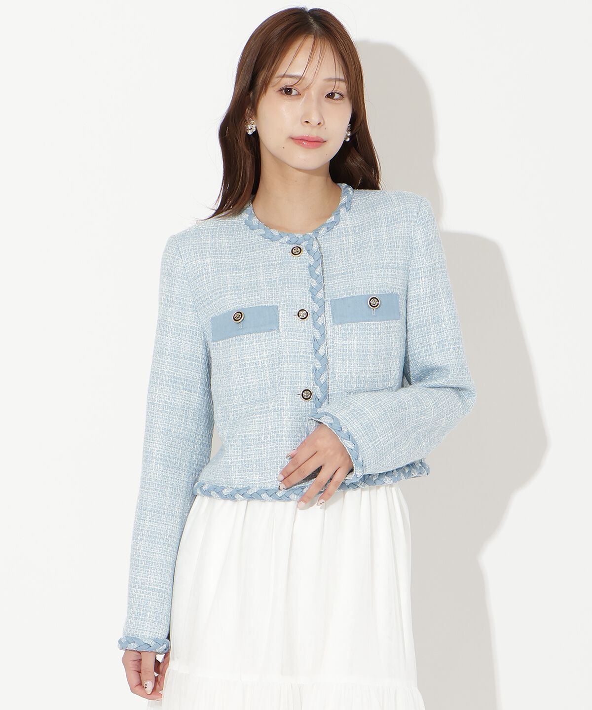 アンドクチュール「デニムコンビツイードジャケット」|ノーカラージャケット|サックス