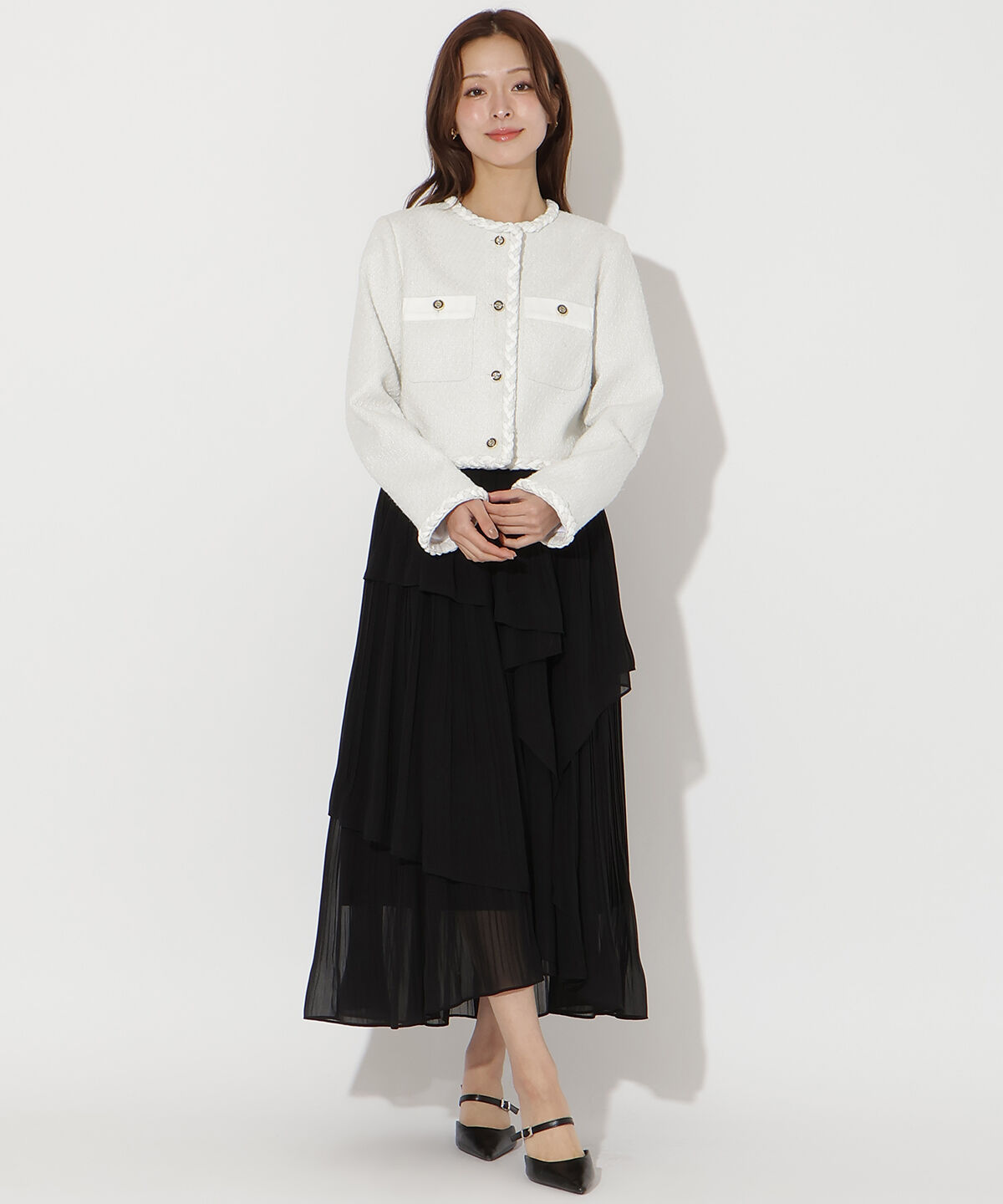 アンドクチュール「デニムコンビツイードジャケット」|ノーカラージャケット|