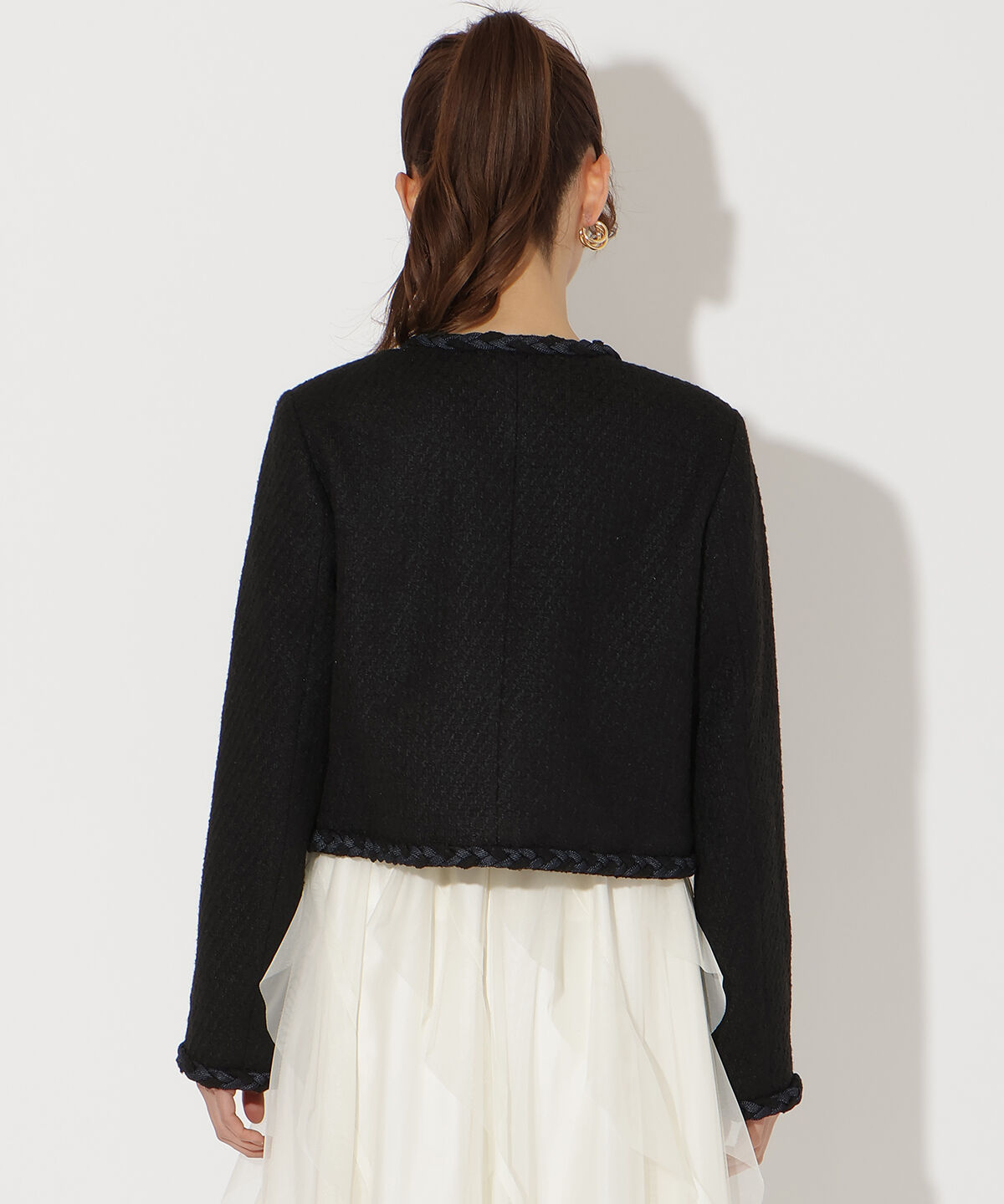 アンドクチュール「デニムコンビツイードジャケット」|ノーカラージャケット|